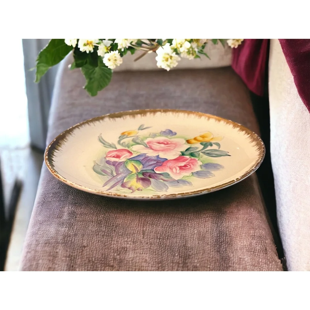 Gold Rimmed Cottagecore Plate Handpainted Rare Vintage Floral Pink & Yellow Gift